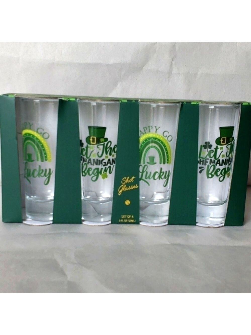 Shot Glass Set 4 St Patricks Day 2 Designs Four Leaf Clover Rainbow Leprechaun